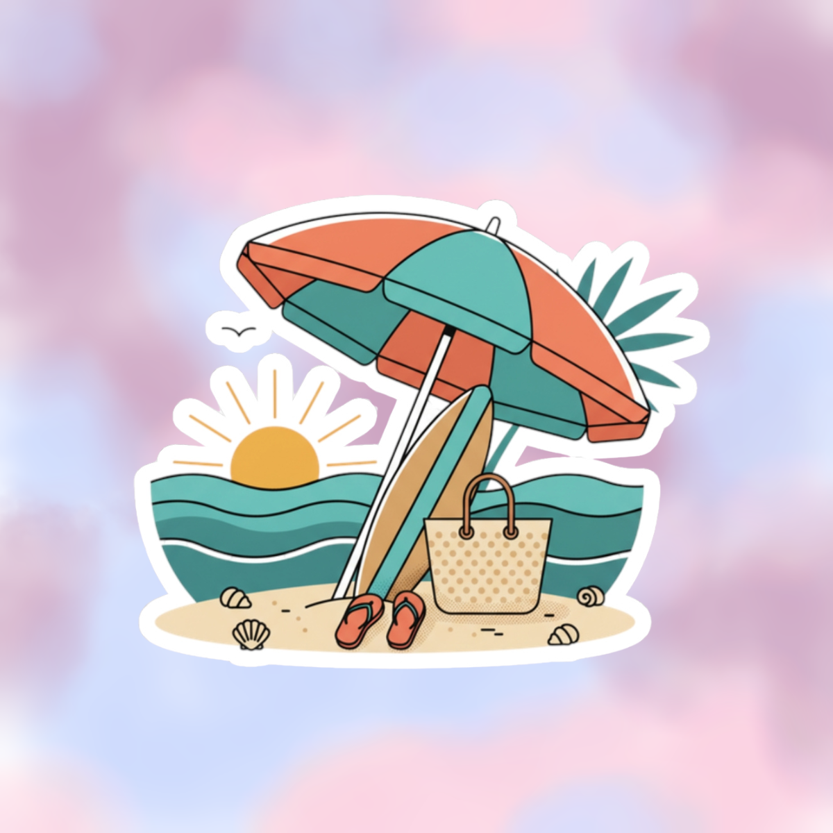 Beach Scene Kiss-Cut Sticker — Summer Umbrella, Surfboard & Tote Laptop Decal
