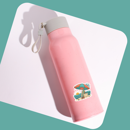 Beach Scene Kiss-Cut Sticker — Summer Umbrella, Surfboard & Tote Laptop Decal