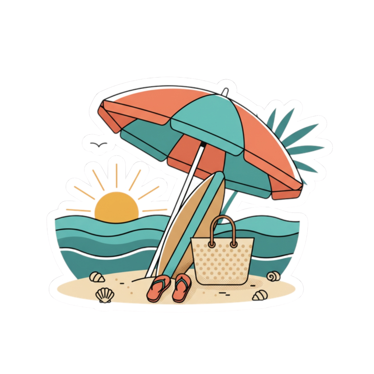 Beach Scene Kiss-Cut Sticker — Summer Umbrella, Surfboard & Tote Laptop Decal