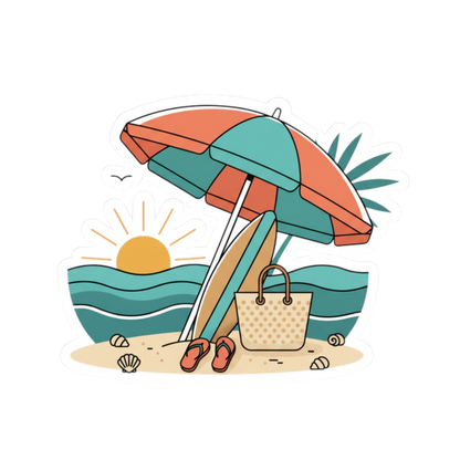 Beach Scene Kiss-Cut Sticker — Summer Umbrella, Surfboard & Tote Laptop Decal