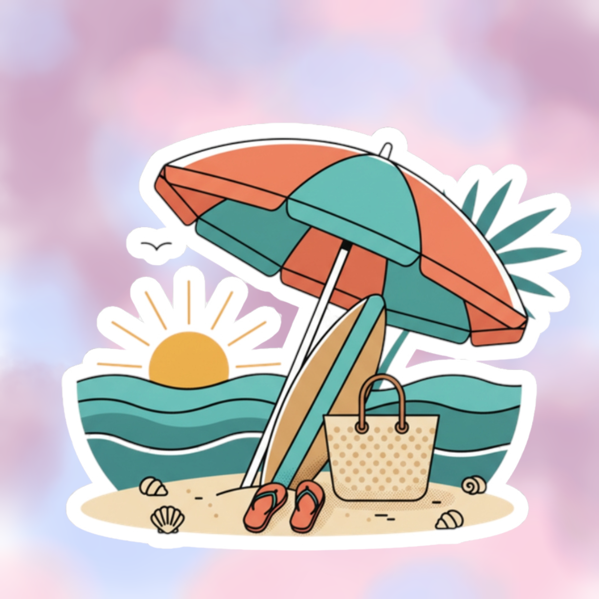 Beach Scene Kiss-Cut Sticker — Summer Umbrella, Surfboard & Tote Laptop Decal