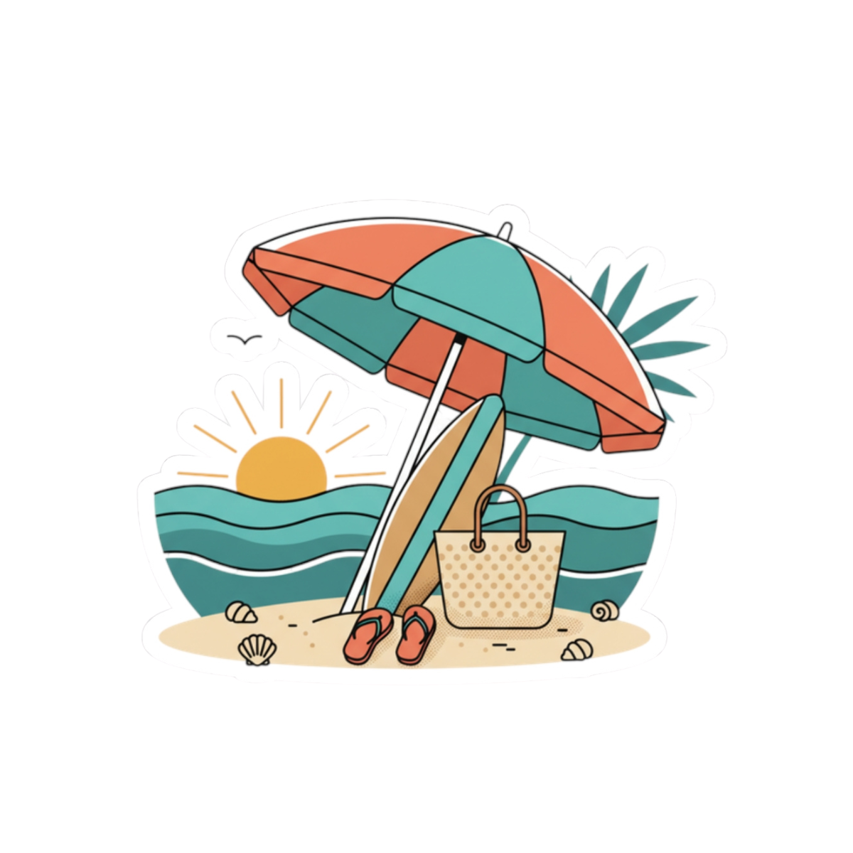 Beach Scene Kiss-Cut Sticker — Summer Umbrella, Surfboard & Tote Laptop Decal