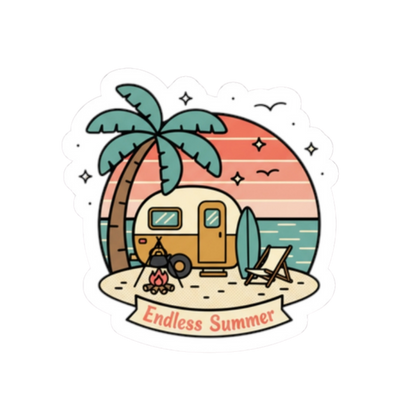 Endless Summer Camper Sticker — Retro Beach Kiss-Cut Decal