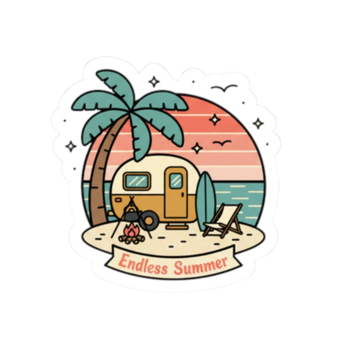 Endless Summer Camper Sticker — Retro Beach Kiss-Cut Decal