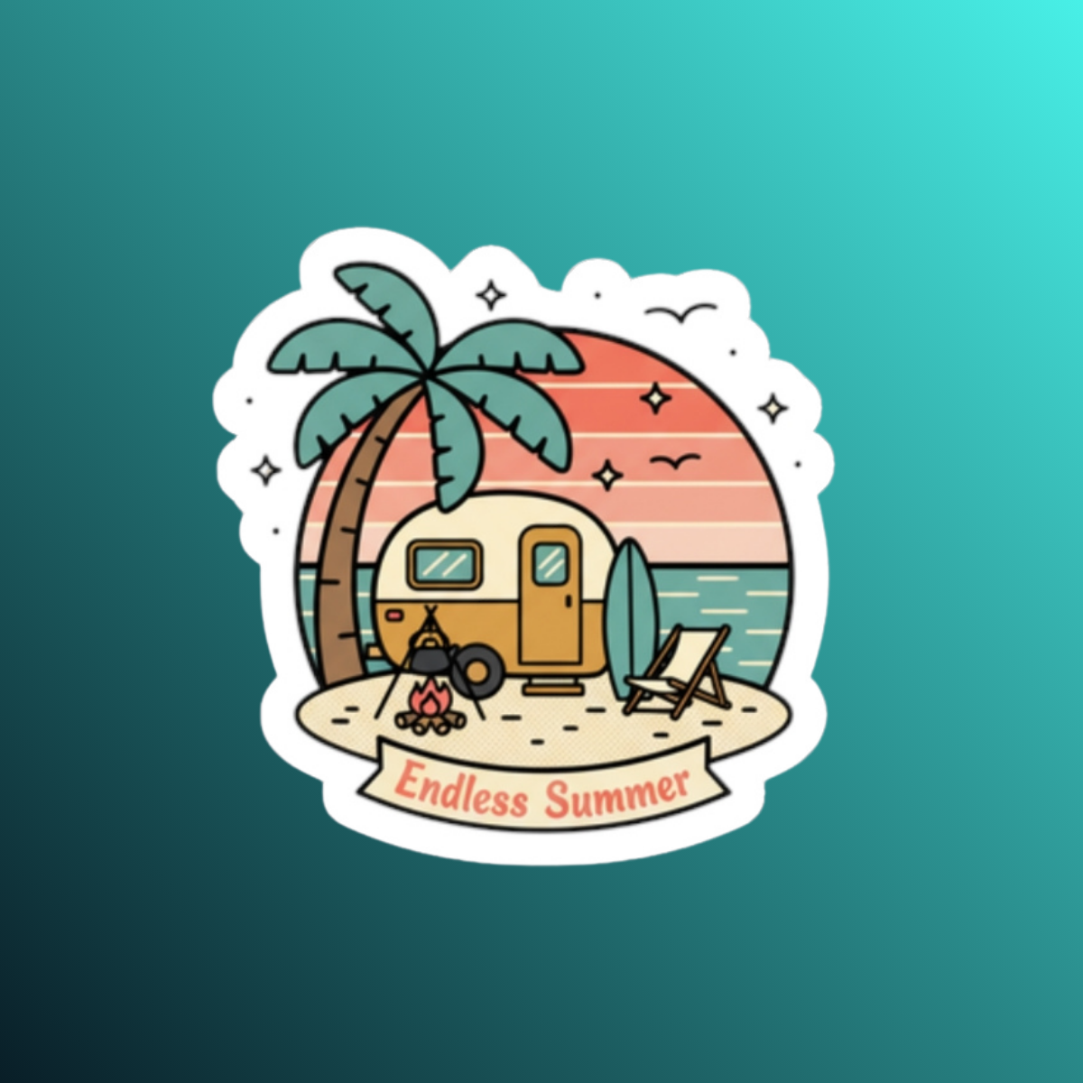 Endless Summer Camper Sticker — Retro Beach Kiss-Cut Decal