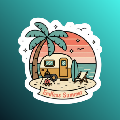 Endless Summer Camper Sticker — Retro Beach Kiss-Cut Decal