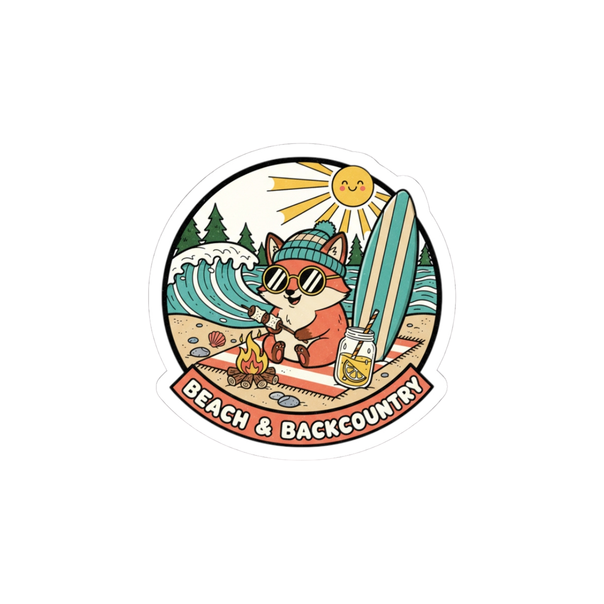 Beach & Backcountry Surf Camper Sticker — Kiss-Cut Vinyl Outdoor Adventure Laptop Decal