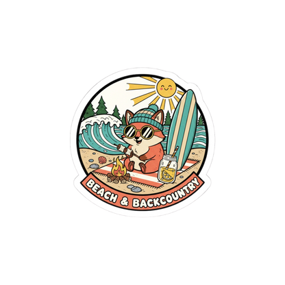 Beach & Backcountry Surf Camper Sticker — Kiss-Cut Vinyl Outdoor Adventure Laptop Decal