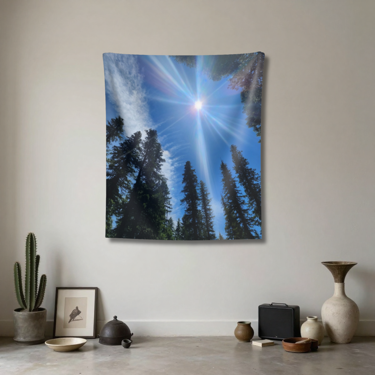 Sunburst Forest Tapestry — Scenic Sky & Tall Pines Wall Hanging