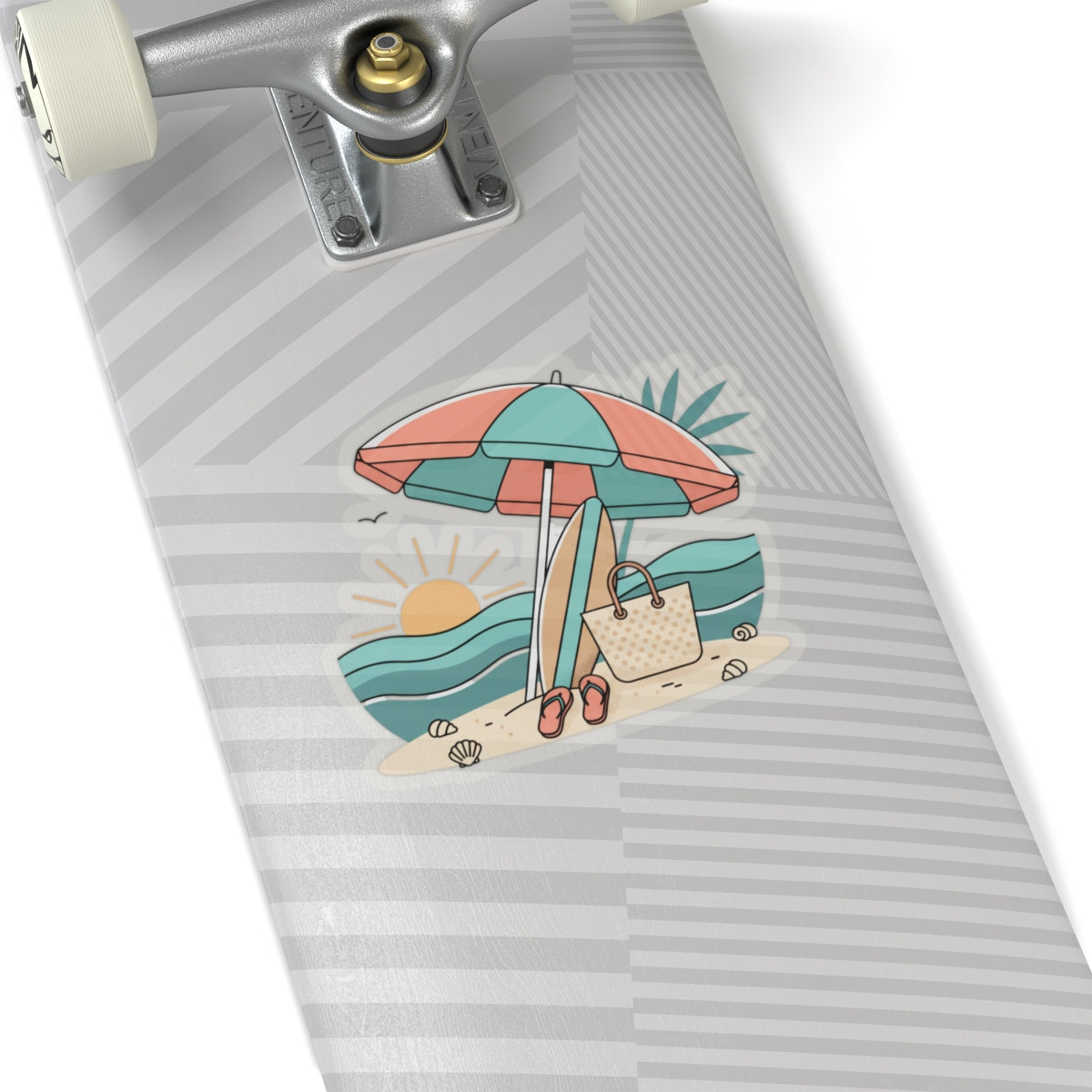 Beach Scene Kiss-Cut Sticker — Summer Umbrella, Surfboard & Tote Laptop Decal