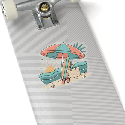 Beach Scene Kiss-Cut Sticker — Summer Umbrella, Surfboard & Tote Laptop Decal