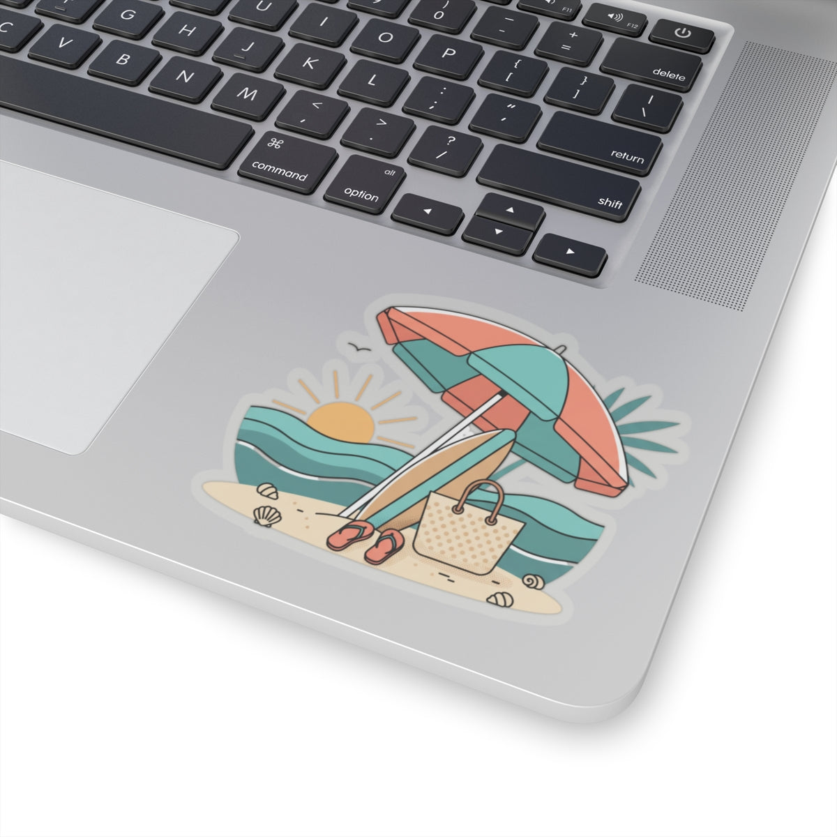 Beach Scene Kiss-Cut Sticker — Summer Umbrella, Surfboard & Tote Laptop Decal