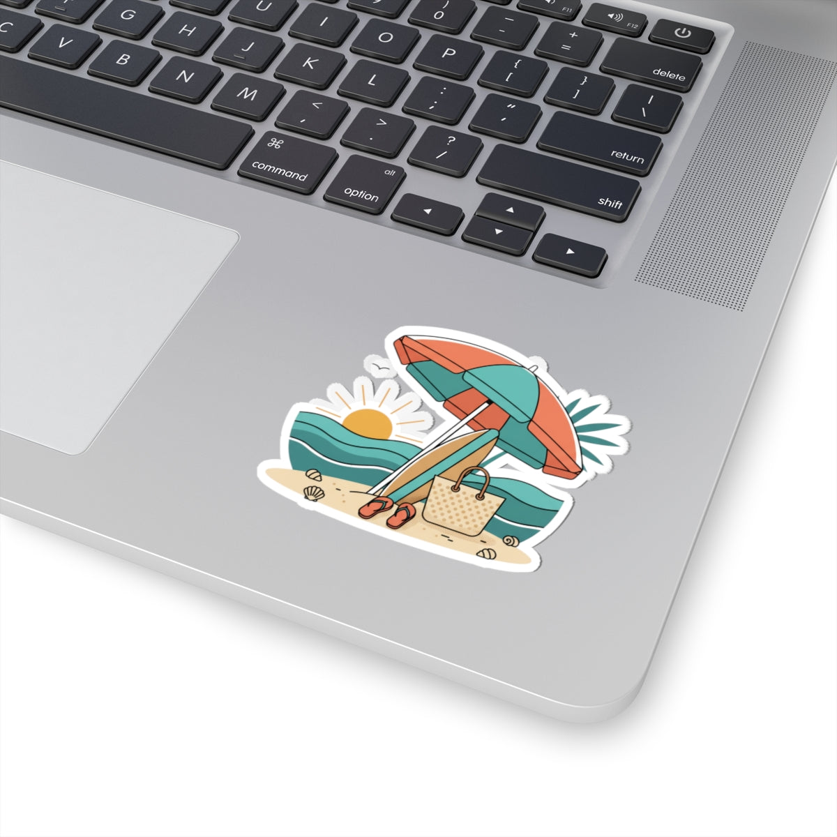 Beach Scene Kiss-Cut Sticker — Summer Umbrella, Surfboard & Tote Laptop Decal
