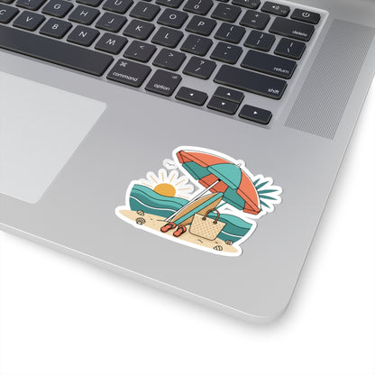 Beach Scene Kiss-Cut Sticker — Summer Umbrella, Surfboard & Tote Laptop Decal