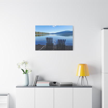 Lakefront Serenity Matte Canvas Print — Adirondack Chairs Over Calm Blue Lake