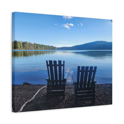 Lakefront Serenity Matte Canvas Print — Adirondack Chairs Over Calm Blue Lake