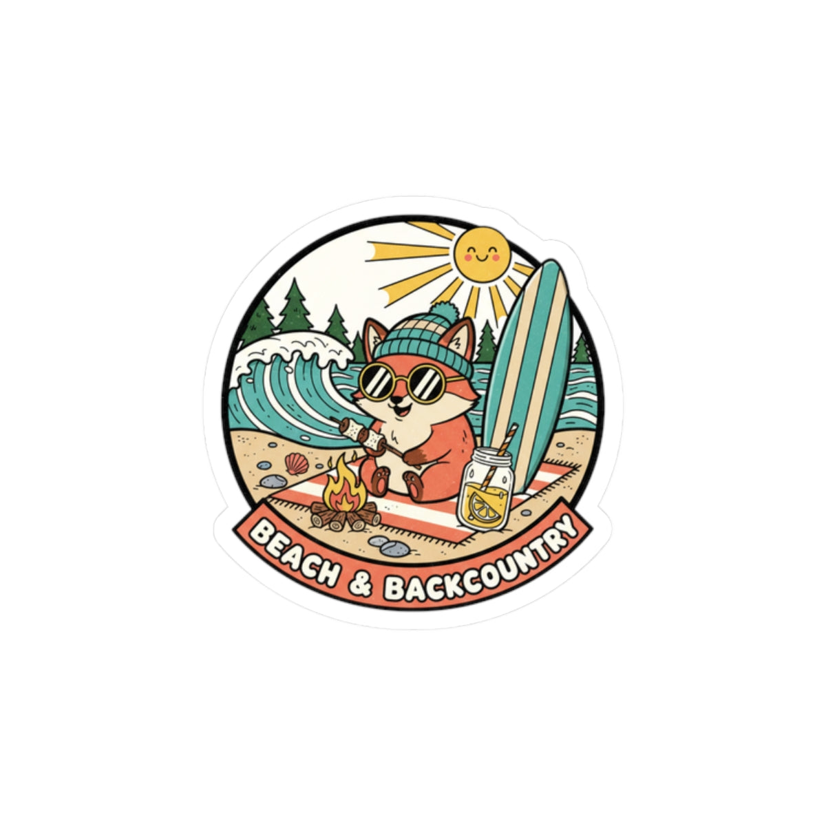 Beach & Backcountry Surf Camper Sticker — Kiss-Cut Vinyl Outdoor Adventure Laptop Decal