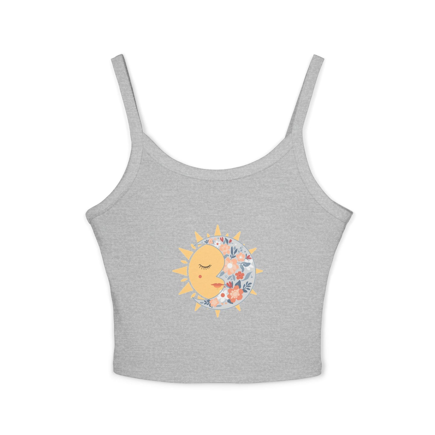 Sun & Moon Floral Crop Tank Top — Boho Celestial Spaghetti Strap