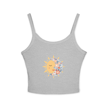 Sun & Moon Floral Crop Tank Top — Boho Celestial Spaghetti Strap