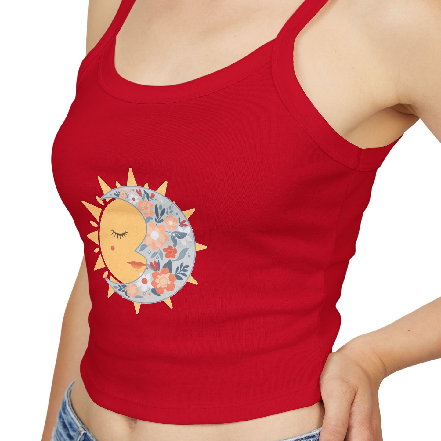 Sun & Moon Floral Crop Tank Top — Boho Celestial Spaghetti Strap