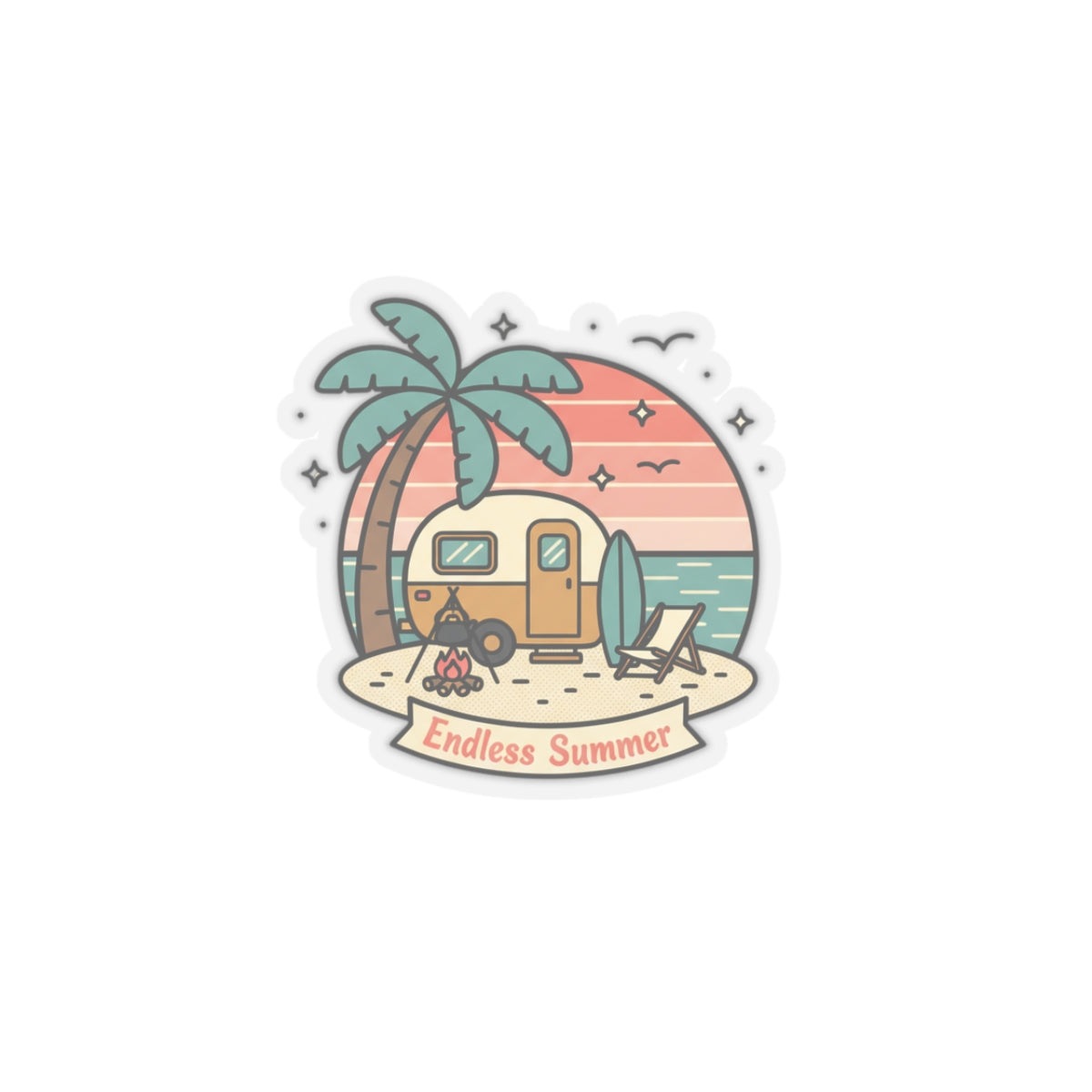 Endless Summer Camper Sticker — Retro Beach Kiss-Cut Decal