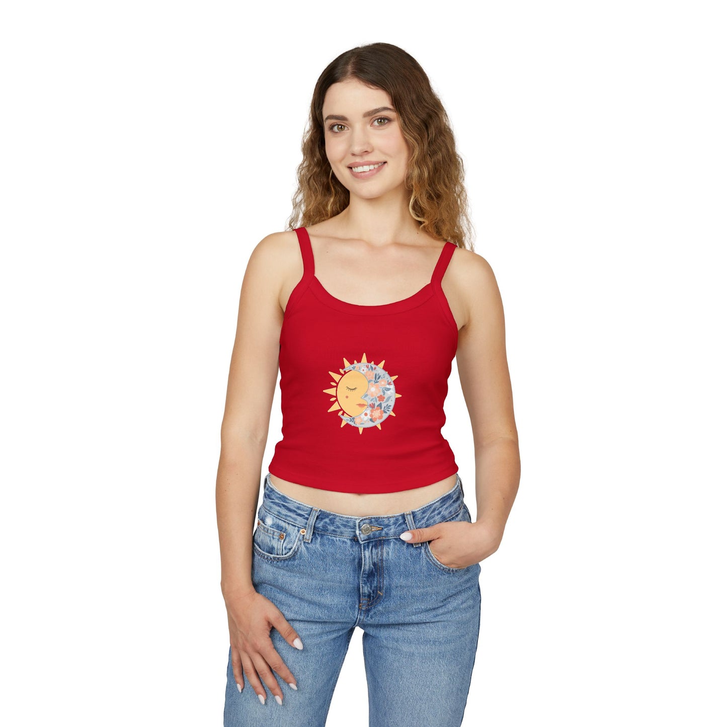 Sun & Moon Floral Crop Tank Top — Boho Celestial Spaghetti Strap
