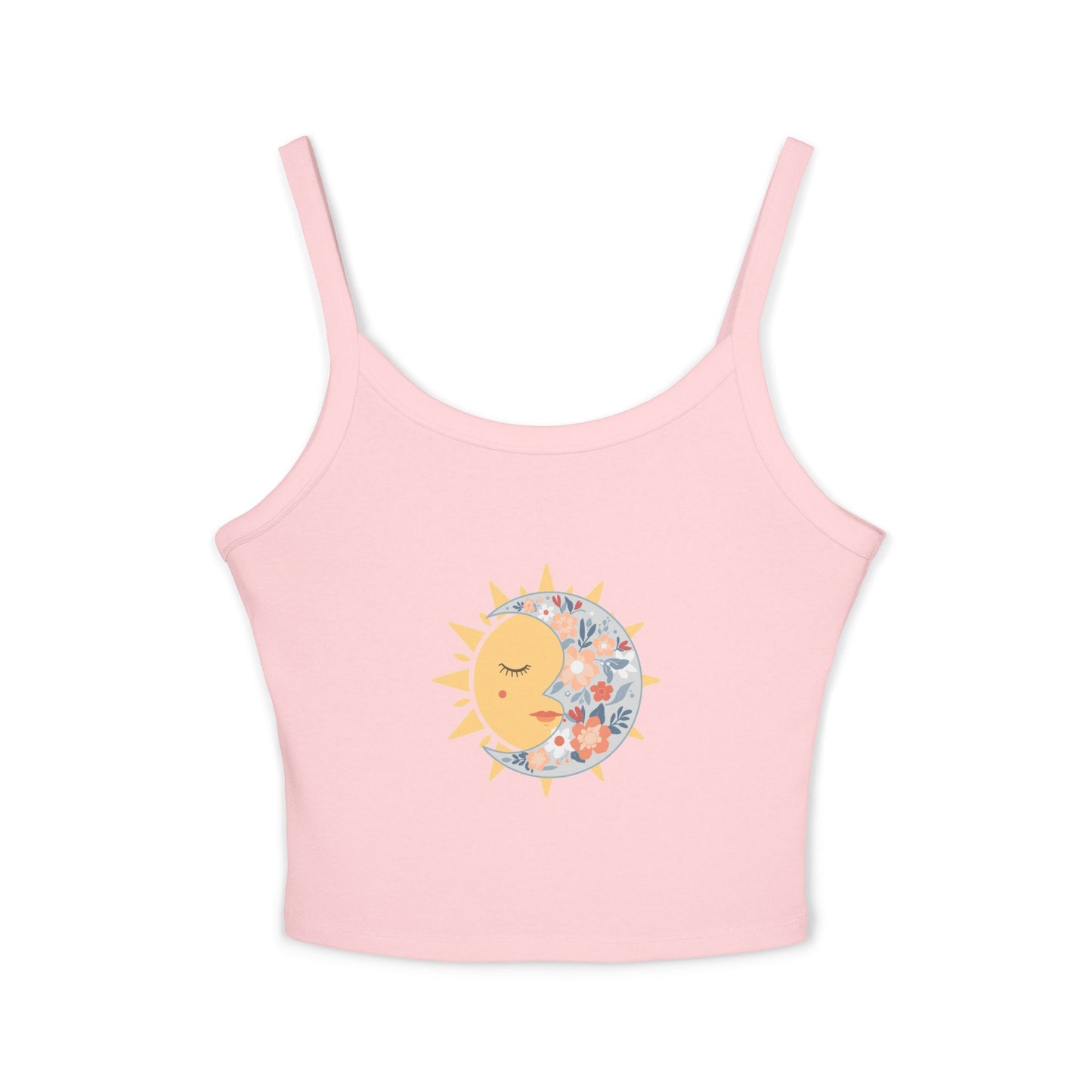 Sun & Moon Floral Crop Tank Top — Boho Celestial Spaghetti Strap