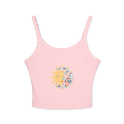 Sun & Moon Floral Crop Tank Top — Boho Celestial Spaghetti Strap
