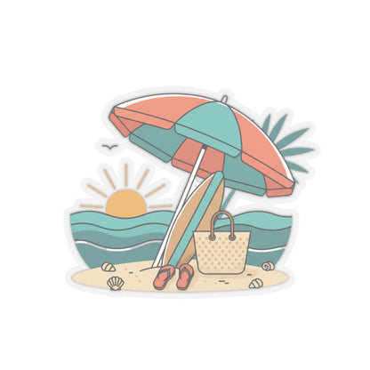 Beach Scene Kiss-Cut Sticker — Summer Umbrella, Surfboard & Tote Laptop Decal