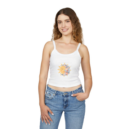 Sun & Moon Floral Crop Tank Top — Boho Celestial Spaghetti Strap