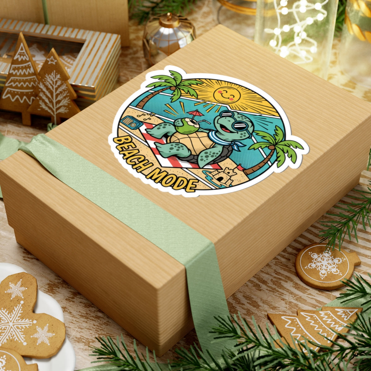 Beach Mode Turtle Sticker — Cute Summer Beach Vibes Kiss-Cut Sticker