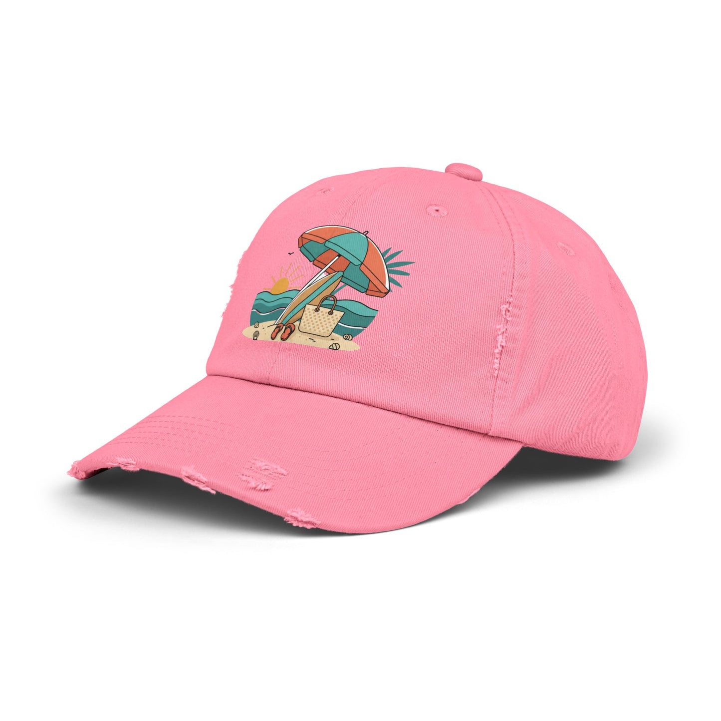 Beach Umbrella Illustration Cap | Summer Beach Scene, Sandcastle, Waves