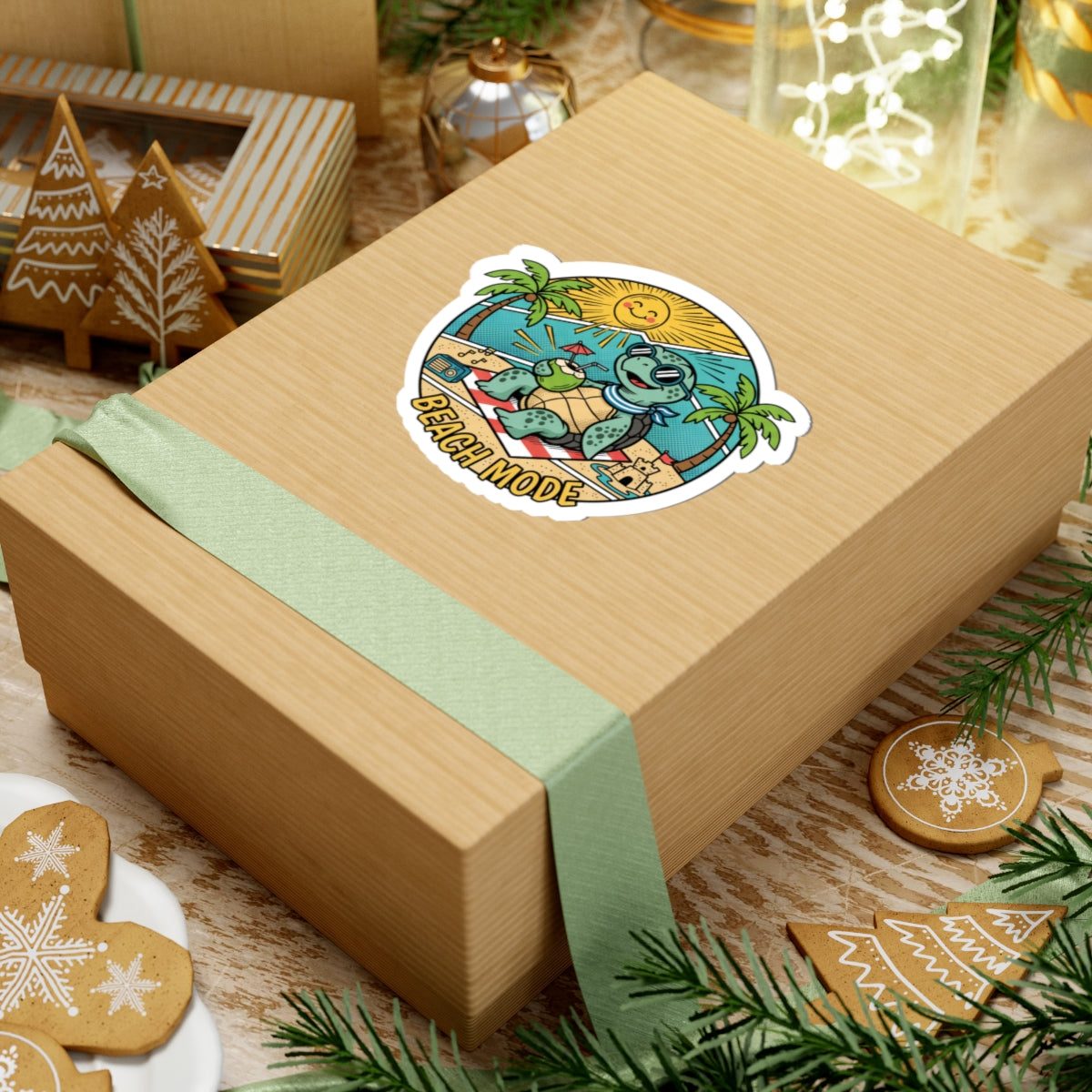Beach Mode Turtle Sticker — Cute Summer Beach Vibes Kiss-Cut Sticker