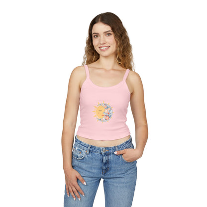 Sun & Moon Floral Crop Tank Top — Boho Celestial Spaghetti Strap