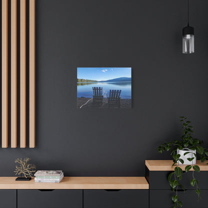 Lakefront Serenity Matte Canvas Print — Adirondack Chairs Over Calm Blue Lake