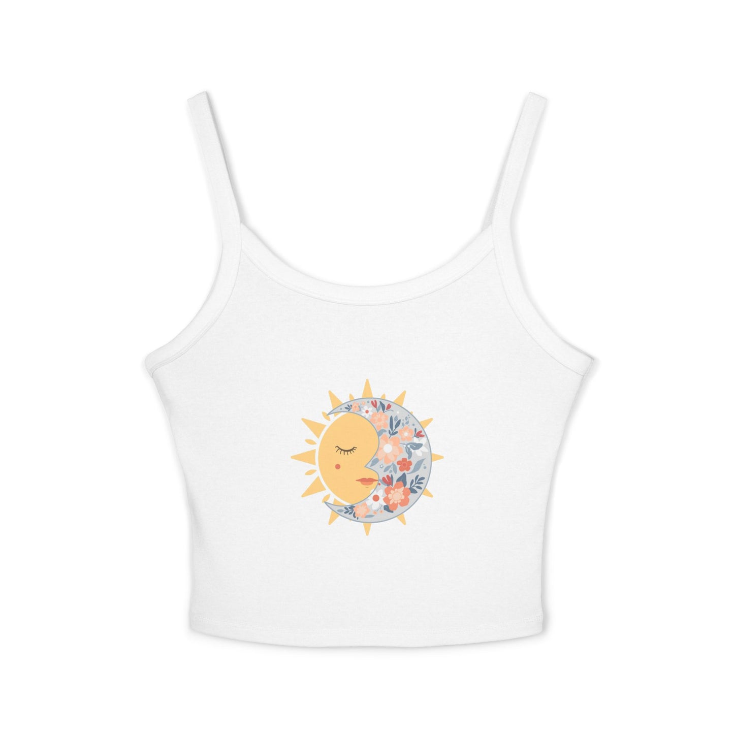 Sun & Moon Floral Crop Tank Top — Boho Celestial Spaghetti Strap