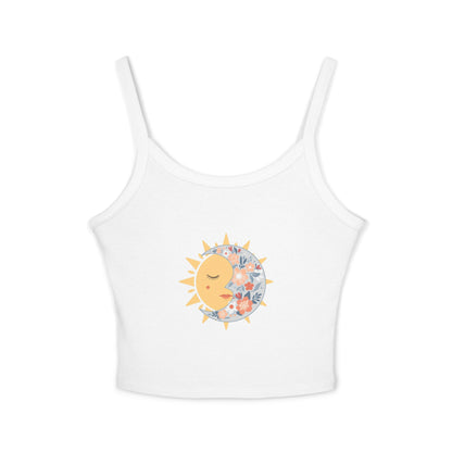 Sun & Moon Floral Crop Tank Top — Boho Celestial Spaghetti Strap