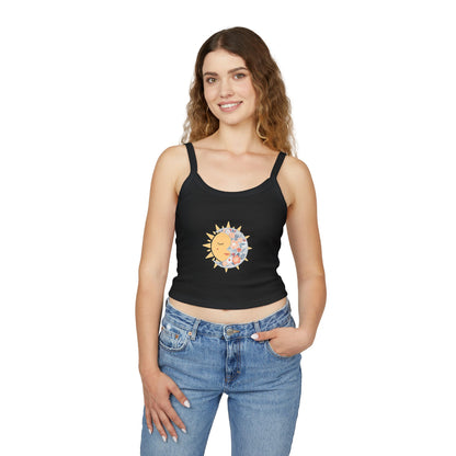 Sun & Moon Floral Crop Tank Top — Boho Celestial Spaghetti Strap