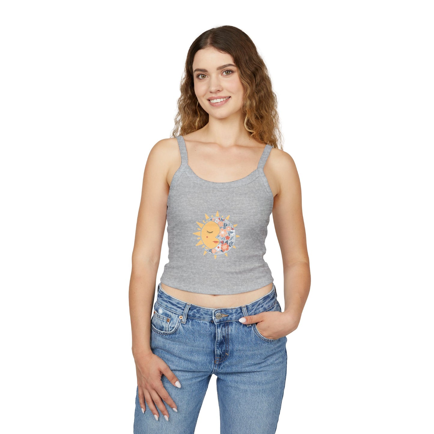 Sun & Moon Floral Crop Tank Top — Boho Celestial Spaghetti Strap
