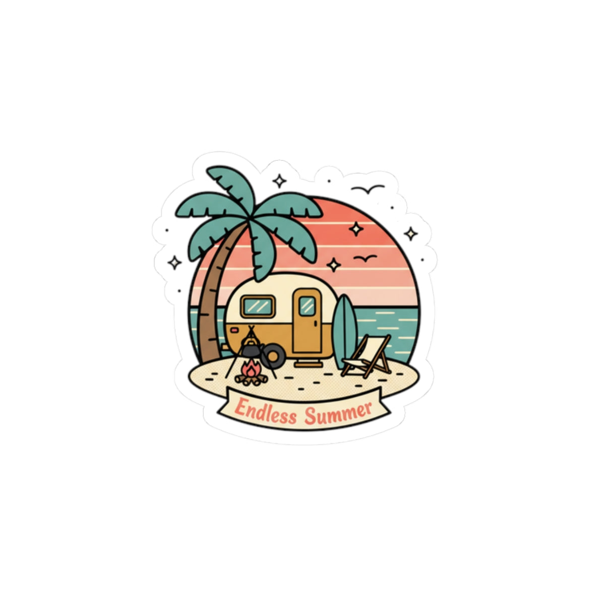 Endless Summer Camper Sticker — Retro Beach Kiss-Cut Decal