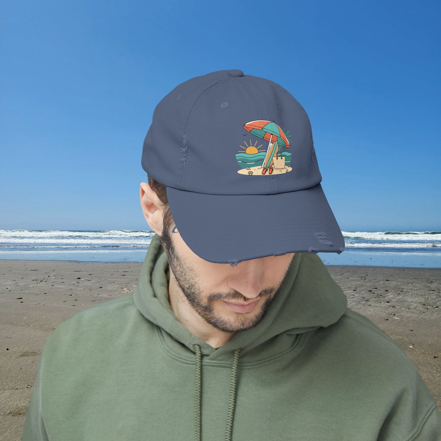 Beach Umbrella Illustration Cap | Summer Beach Scene, Sandcastle, Waves