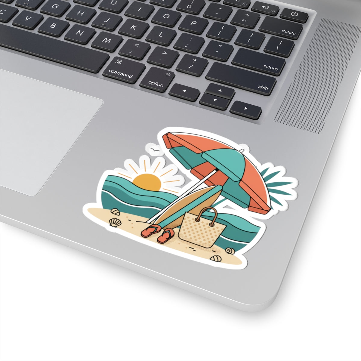 Beach Scene Kiss-Cut Sticker — Summer Umbrella, Surfboard & Tote Laptop Decal
