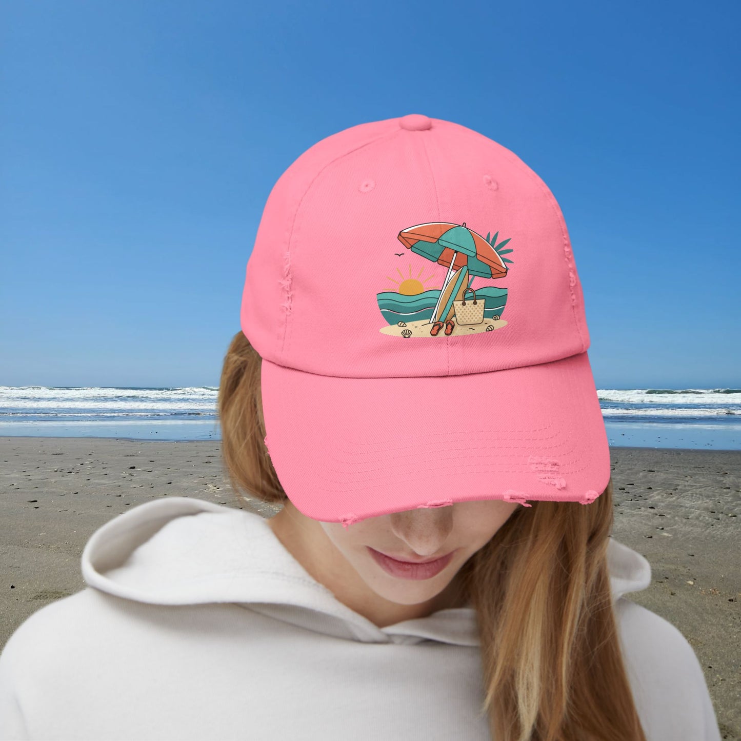 Beach Umbrella Illustration Cap | Summer Beach Scene, Sandcastle, Waves